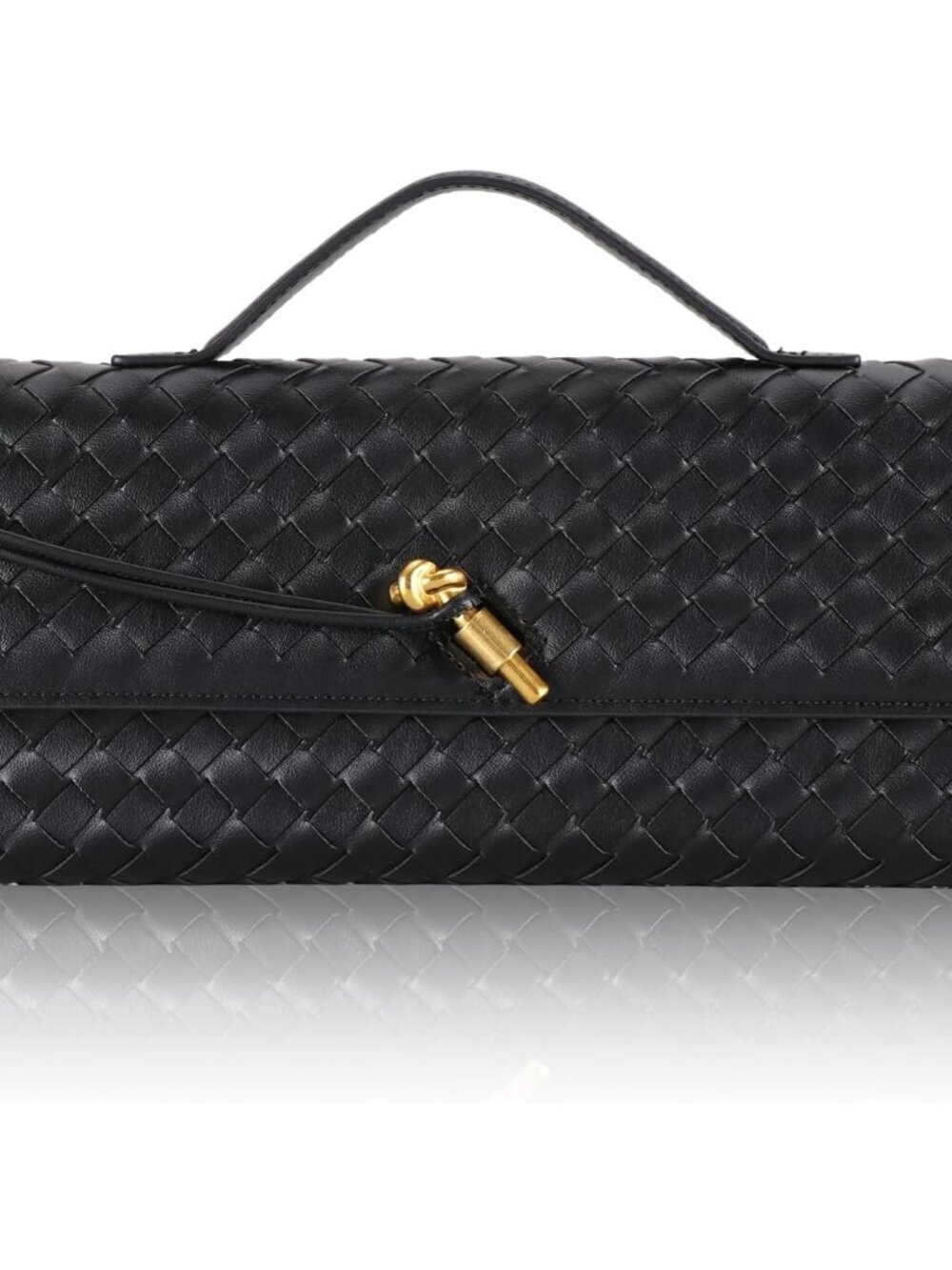 Women's Black Pu Leather Clutch Twist Lock  Stylish Evening Woven Purse Bag